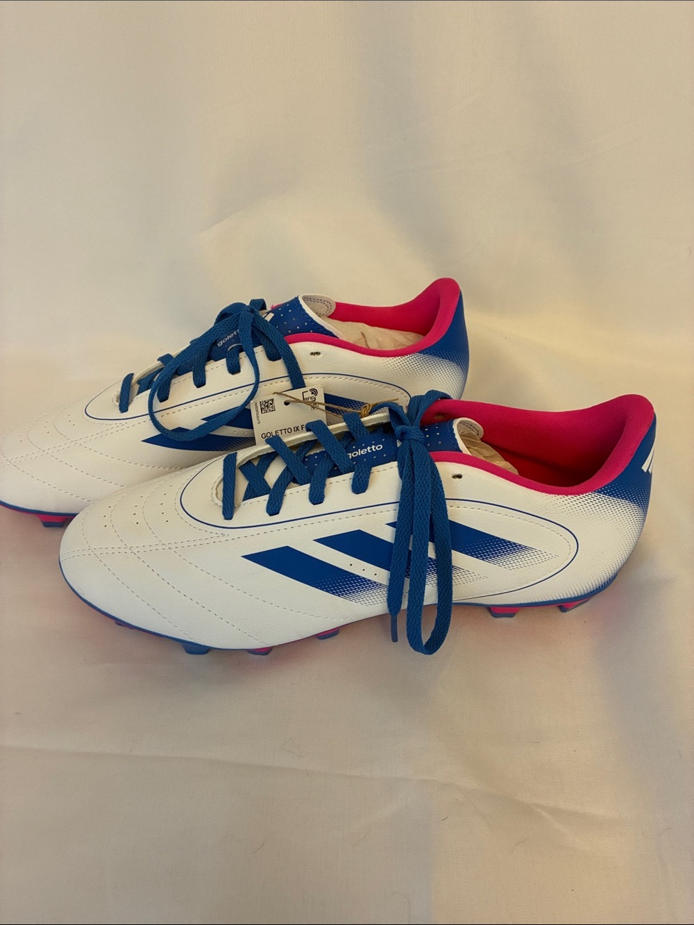 adidas White Galetto Soccer Cleats with Blue Accents and Pink Interior